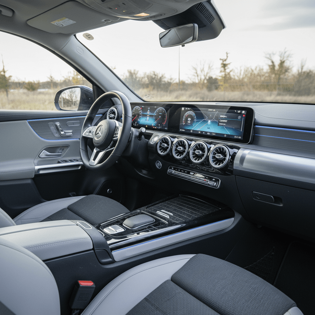 2025 Mercedes EQB interior with dual 10.25-inch screens and ambient lighting