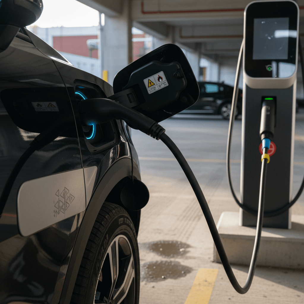 Blue Volvo EX30 plugged into a public charger, emphasizing the EV’s high‑voltage battery system