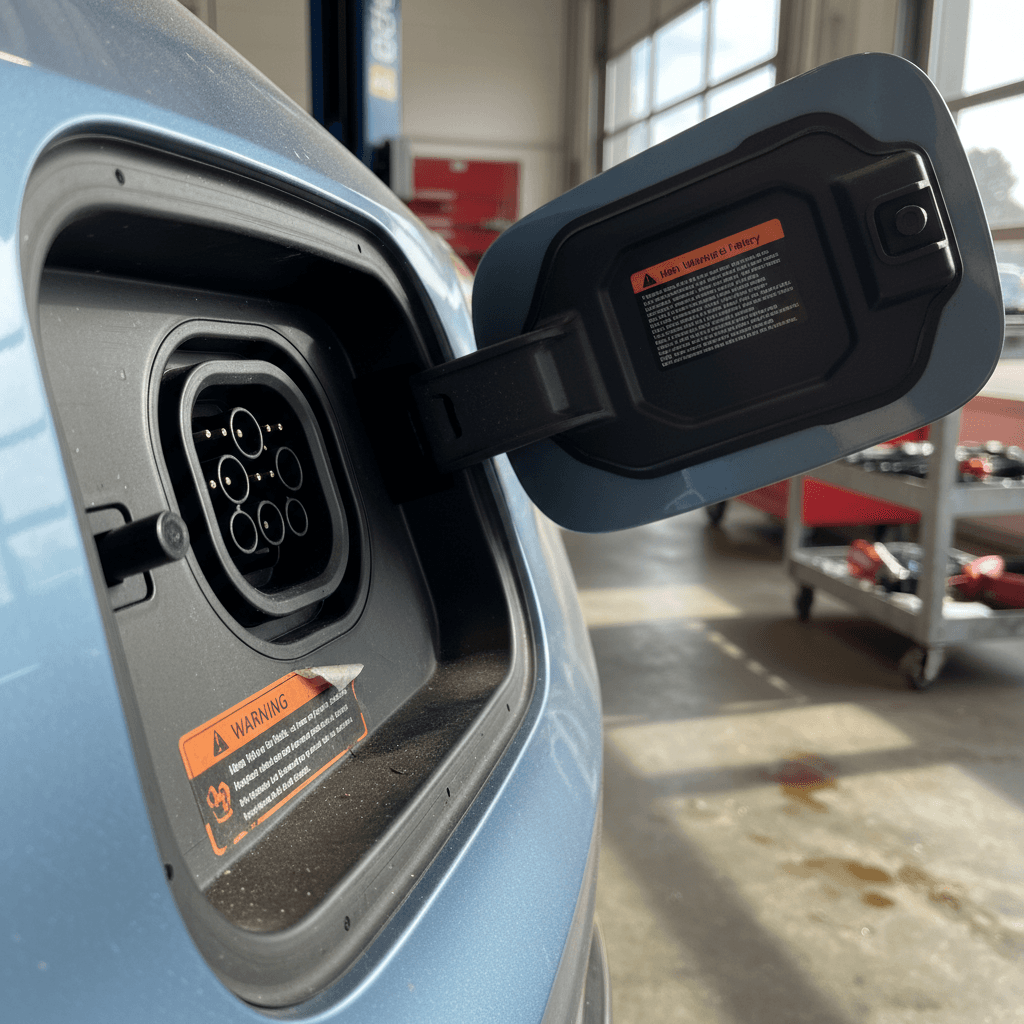 Technician inspecting Kia EV high-voltage battery and orange cabling in service bay