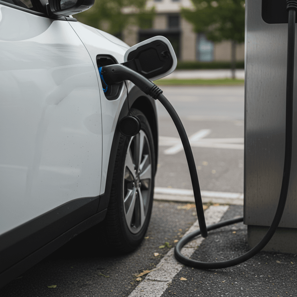 Kia EV3 plugged into a public DC fast charger, emphasizing its charging port and compact SUV shape