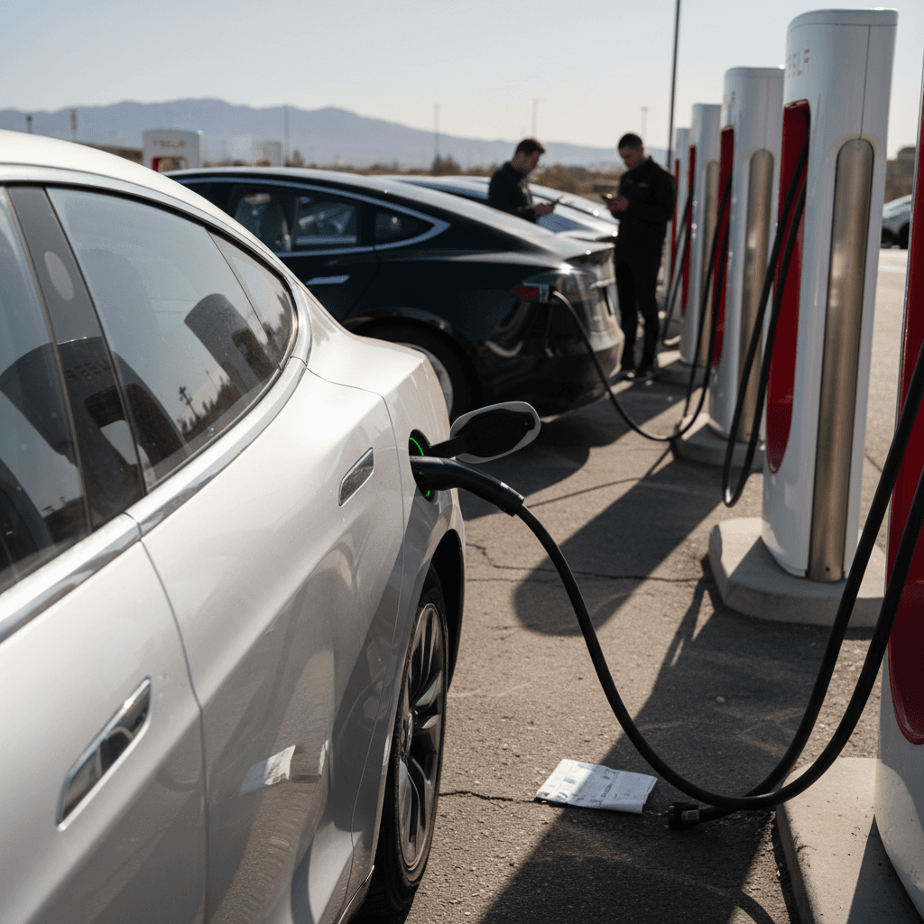 Used Tesla Model 3 and Model Y parked on a city street