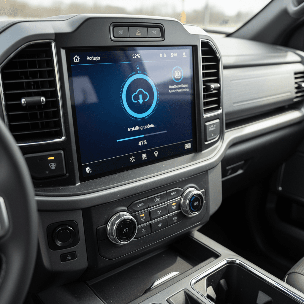 Interior of a Chevy Silverado EV showing the wide infotainment screen displaying a pending software update