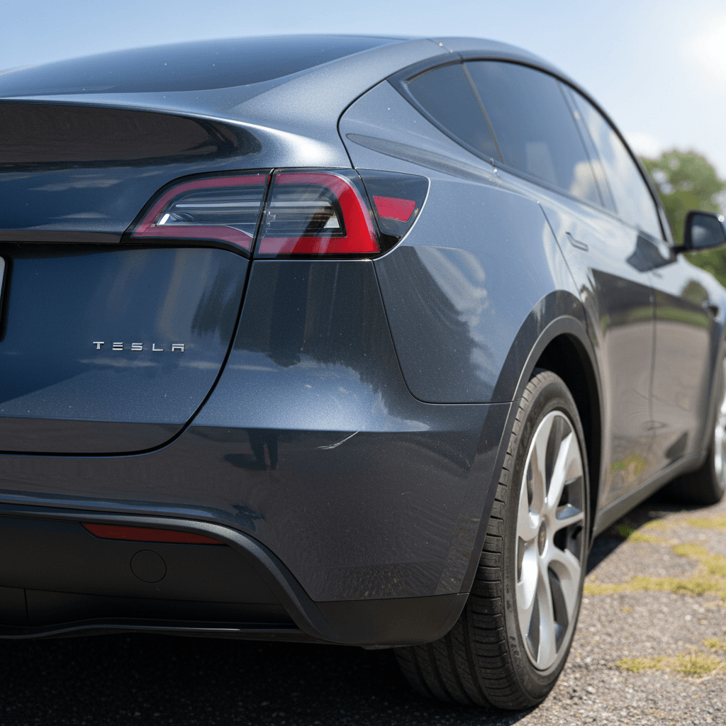 Tesla Model Y rear three-quarter angle parked outside to show how paint color and reflections appear in natural daylight