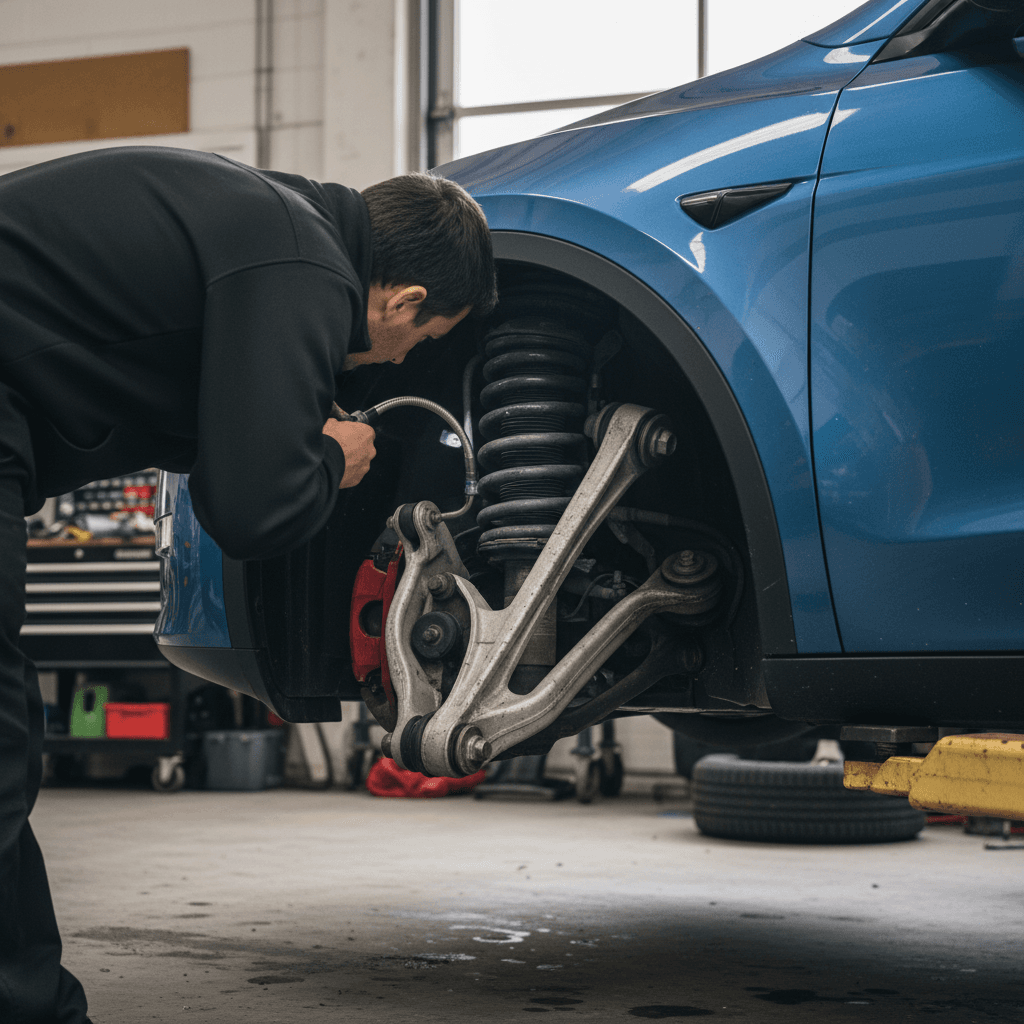 Mechanic inspecting the front suspension of a Tesla Model Y on a lift, checking control arms and bushings