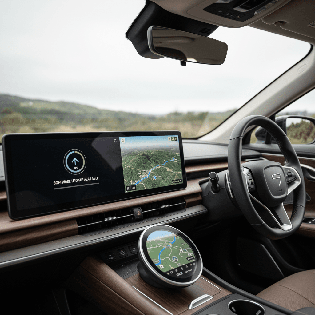 Lucid Air interior with dual-screen dashboard showing navigation and software update prompt