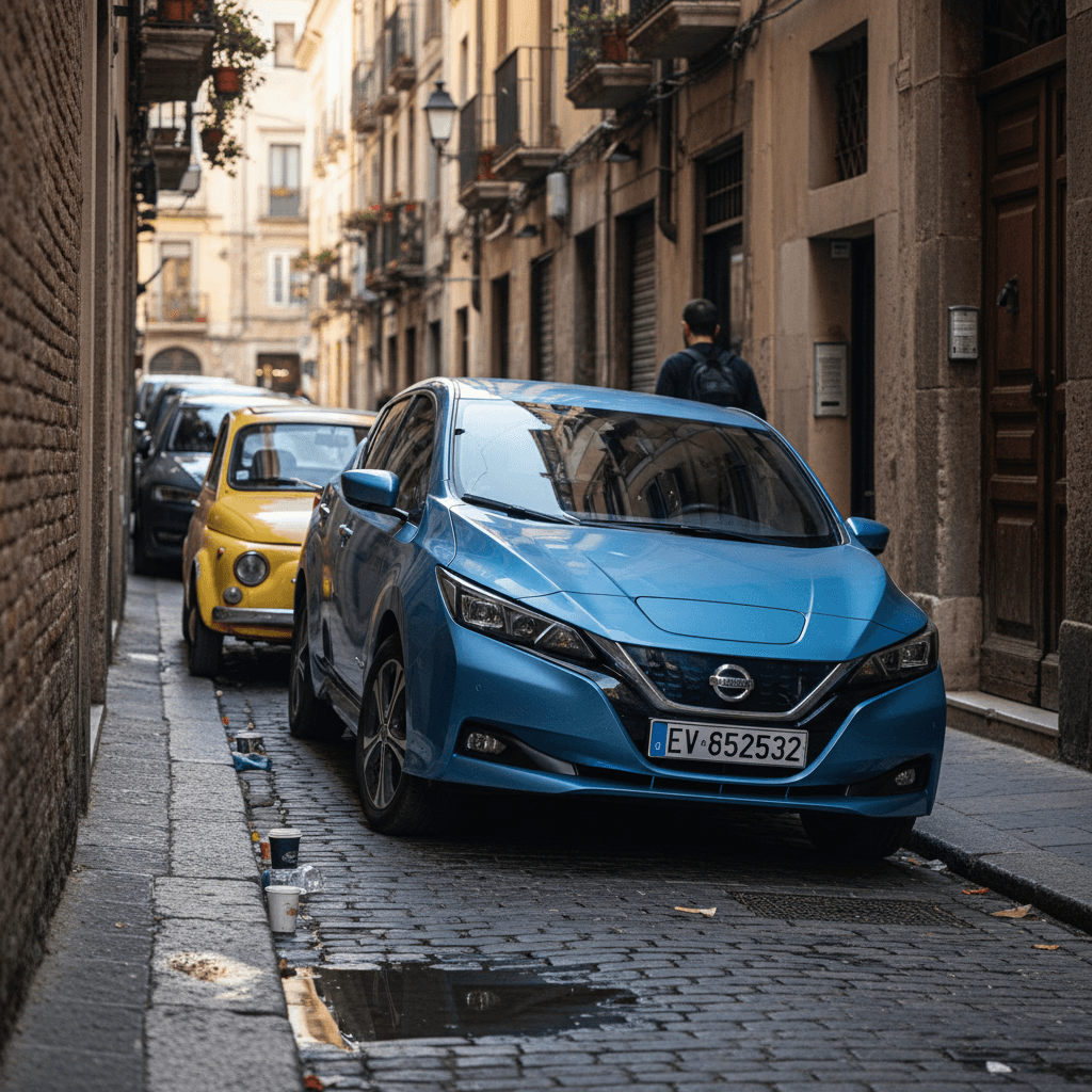 Small electric hatchback squeezing into a tight parallel parking space on a narrow urban street