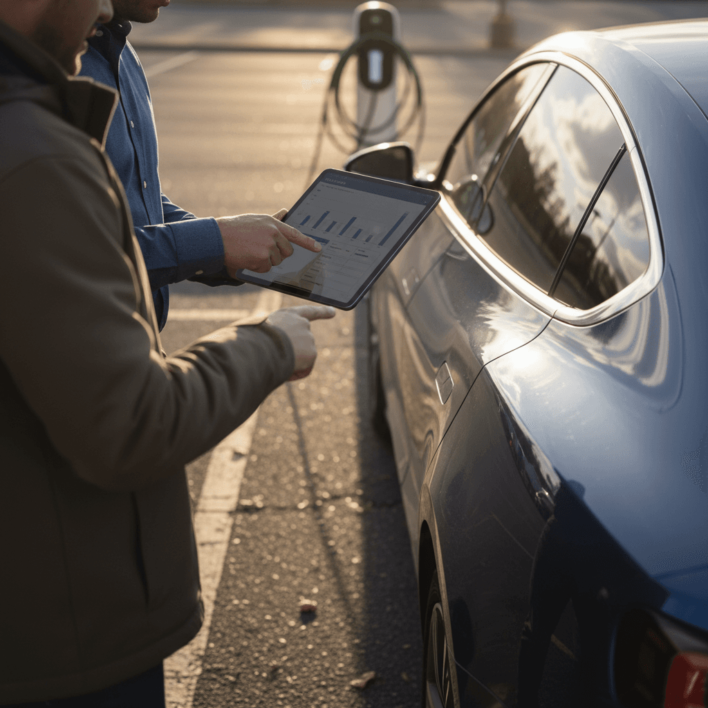 Customer signing used Tesla financing paperwork at a modern EV dealership