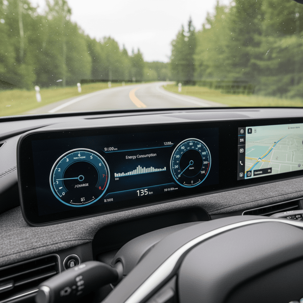 Genesis GV60 driver display showing remaining range and energy consumption during a highway drive