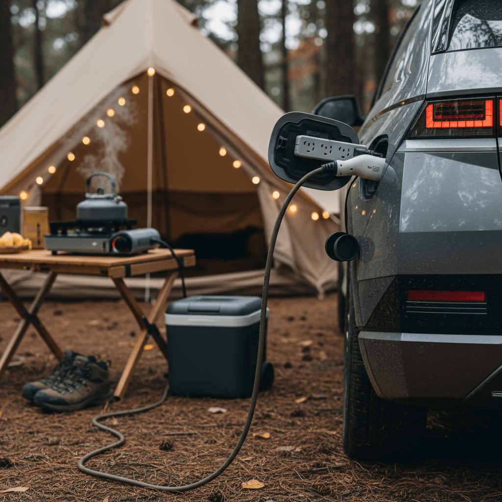 Hyundai IONIQ 5 with rear seats folded into a flat sleeping platform, camp bedding and lights set up in the cargo area