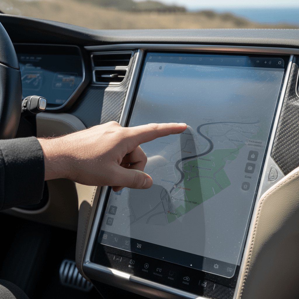 Driver hand using a Tesla Model S touchscreen fitted with a matte screen protector, showing reduced glare in daylight