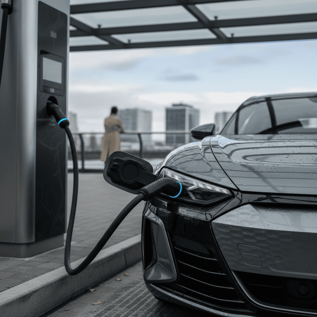 2024 Audi e-tron GT plugged into a DC fast charger at a modern public charging station