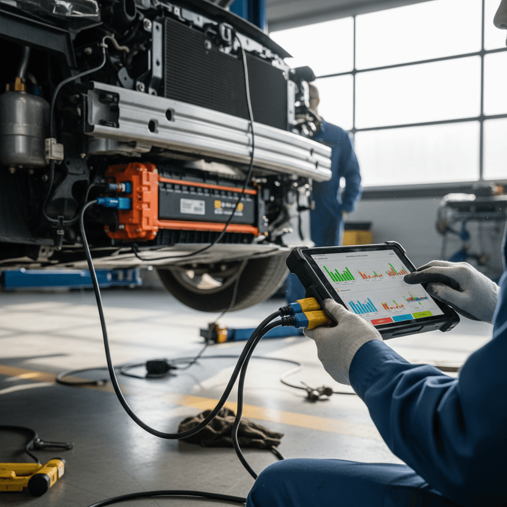 Technician using a diagnostic tablet to check an EV’s high‑voltage battery health in a service bay