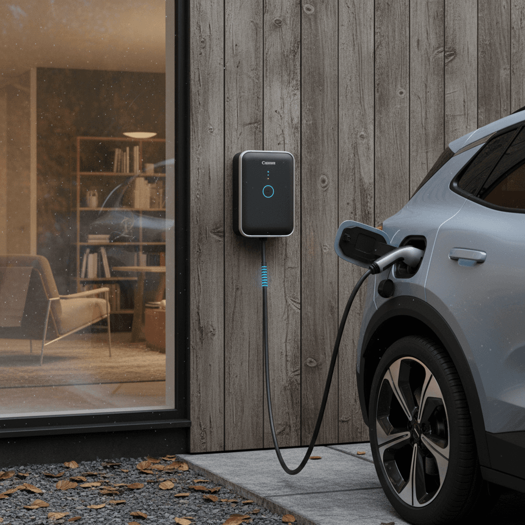 Electric crossover EV plugged into a bidirectional wall charger powering a lit home during an evening outage