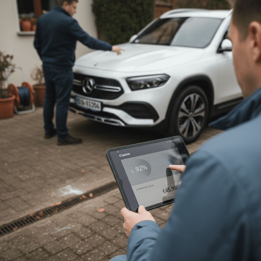 Seller and buyer reviewing a Mercedes EQB battery health report on a tablet next to the vehicle