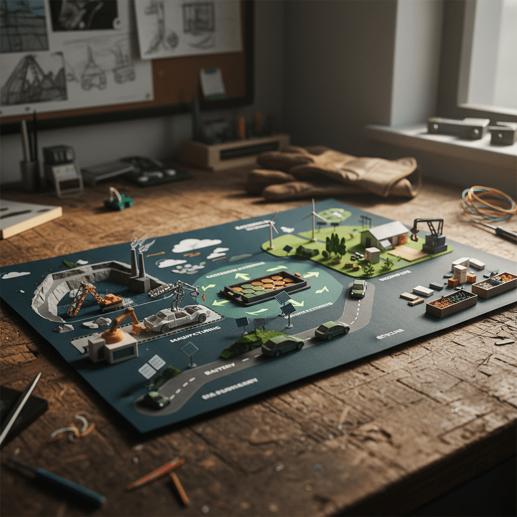 Diagram showing an EV lifecycle from mining and manufacturing through use phase to second life and recycling