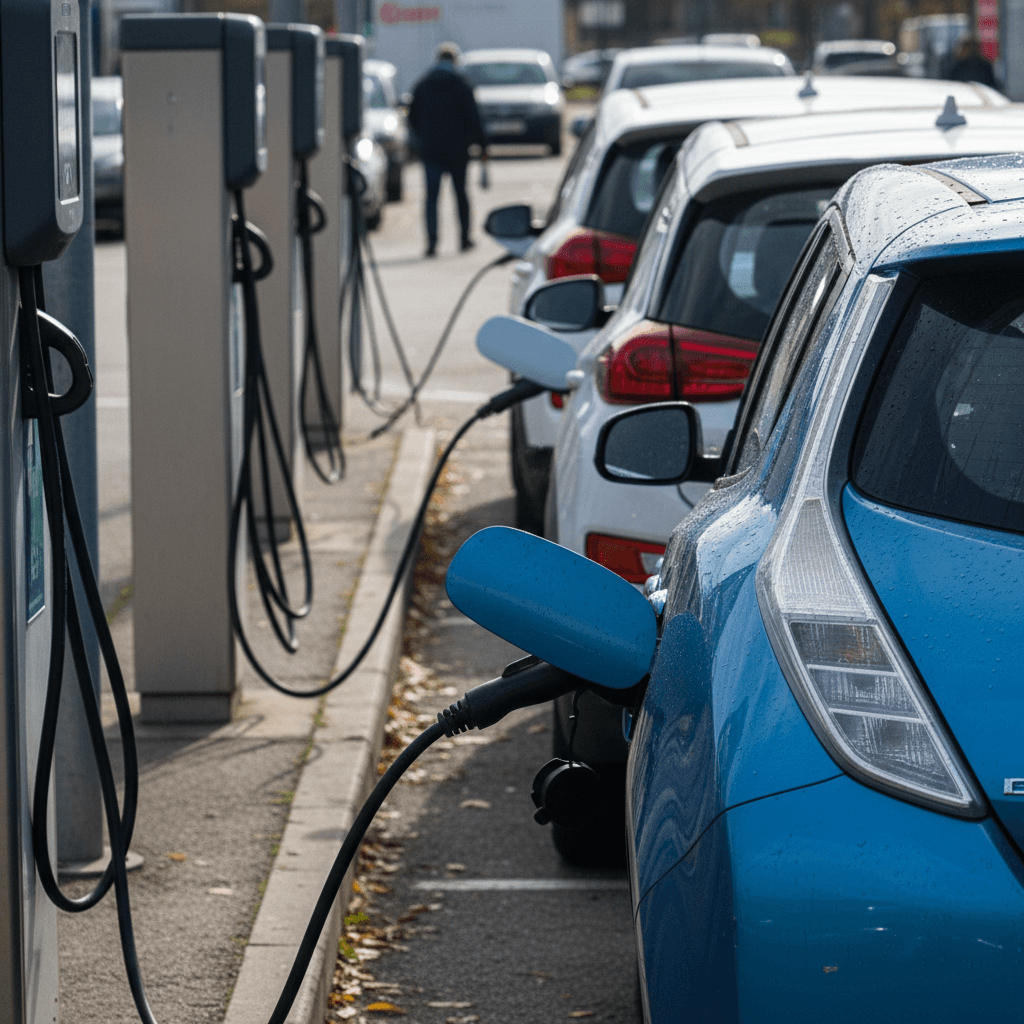 Row of compact electric cars charging at an outdoor lot, representing affordable EV options.