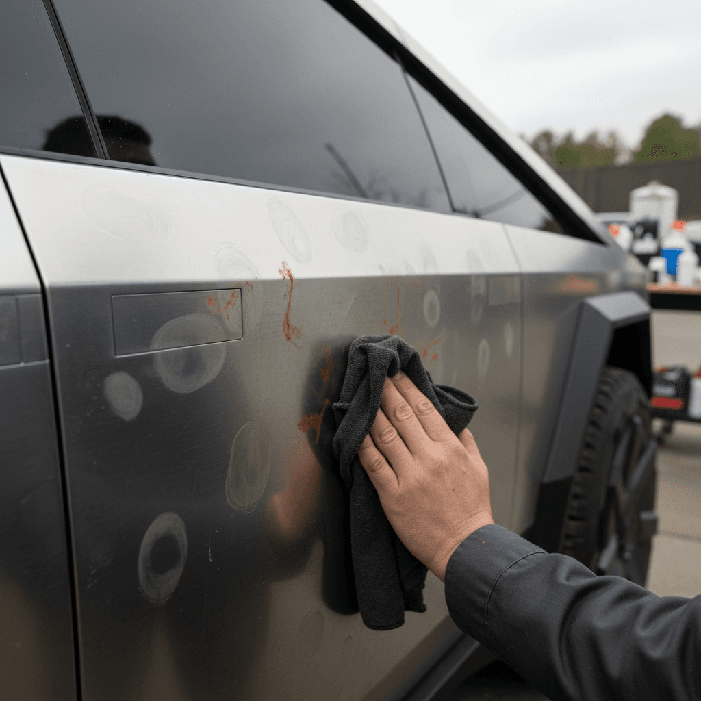 Owner cleaning early rust-colored spots off a Tesla Cybertruck stainless-steel door panel