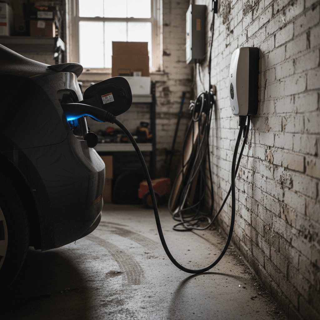 Electric vehicle plugged into a Level 2 wall charger in a narrow Philadelphia rowhouse garage