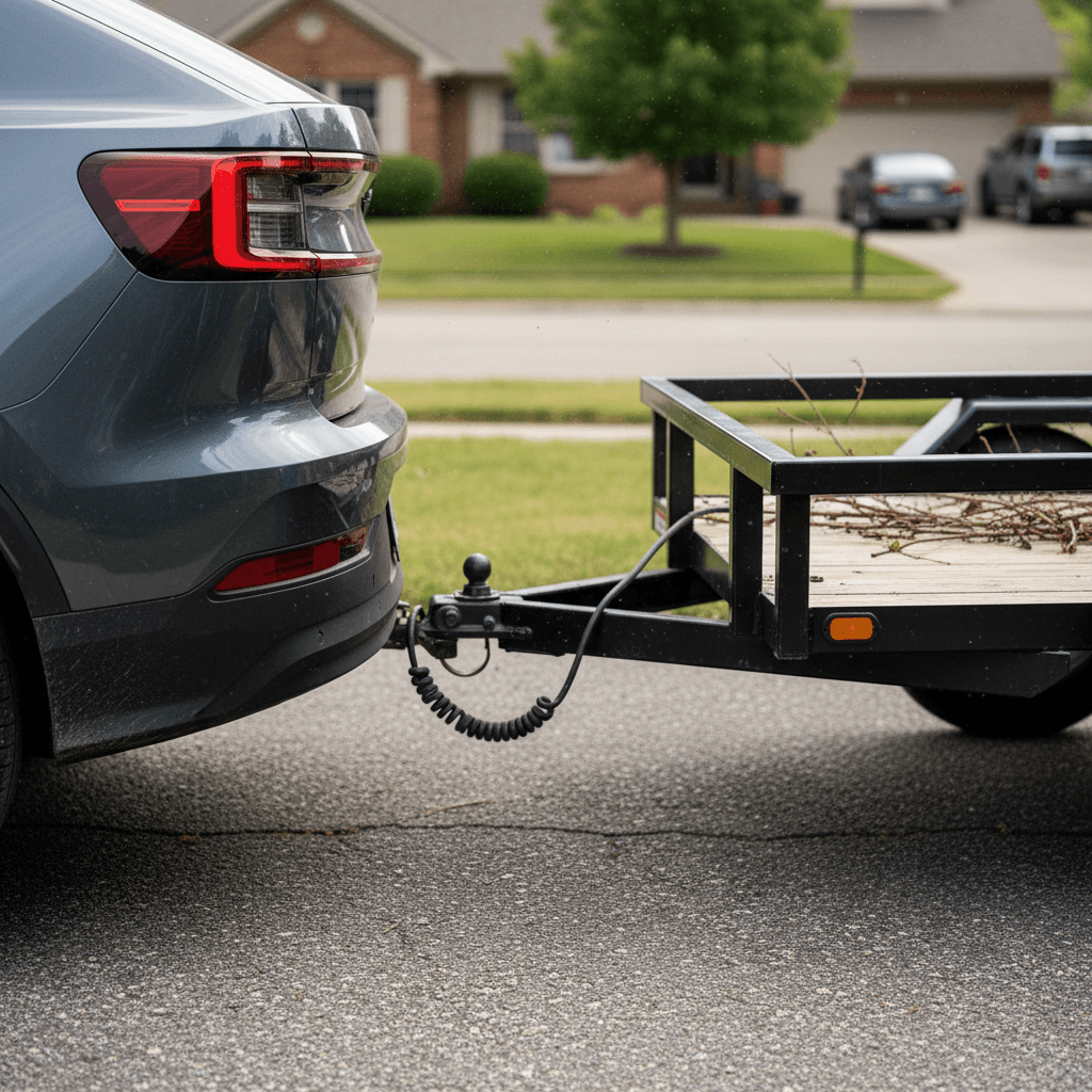 Genesis GV60 hitched to a small utility trailer while fast‑charging at a public station