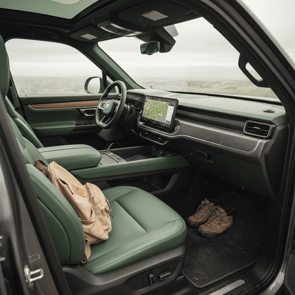 Cabin of a 2024 Rivian R1S showing front seats, steering wheel, and large central touchscreen with modern minimalist design