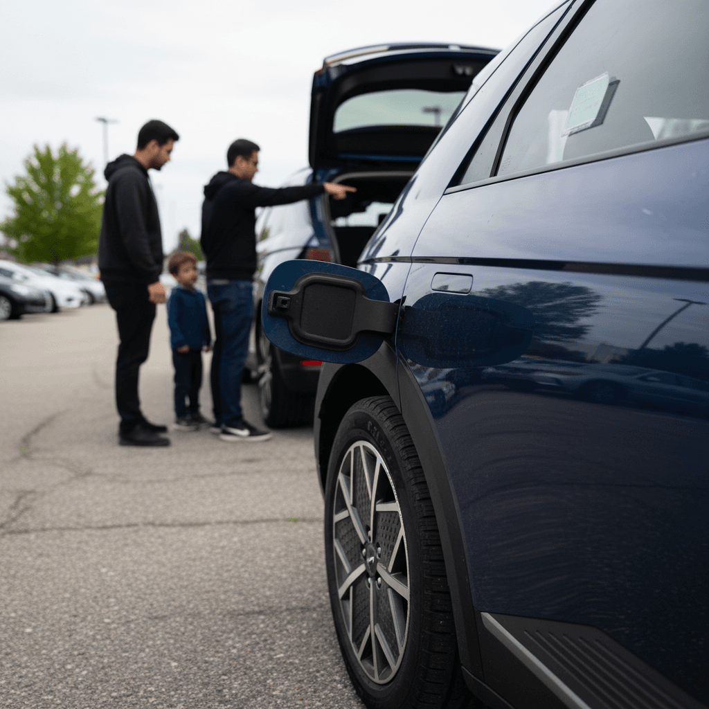 Row of used electric SUVs parked at a dealership lot ready for shoppers