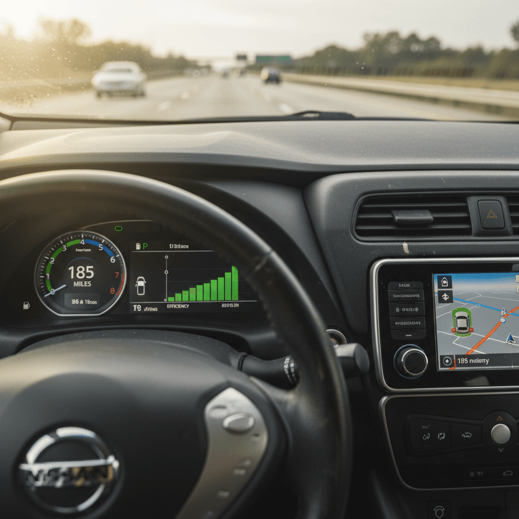 Nissan Leaf driver display showing remaining range while cruising on the highway