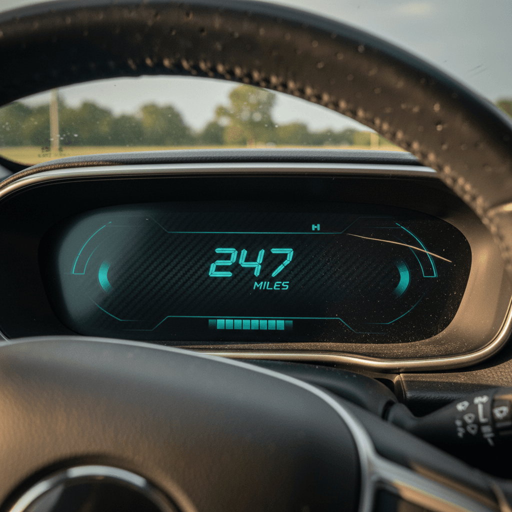 Closeup of an electric car dashboard showing remaining range and battery state of charge
