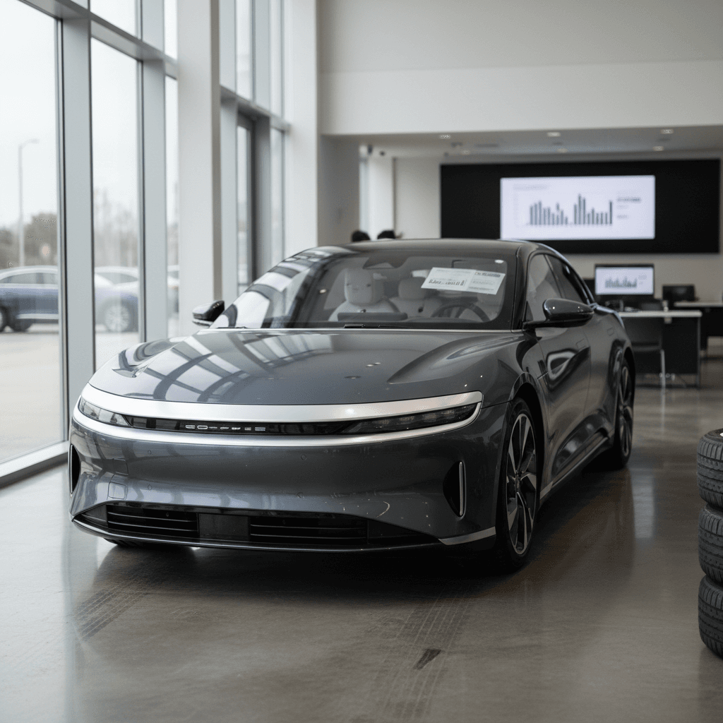 Used Lucid Air sedan displayed in an indoor showroom with pricing and battery health information visible on screens