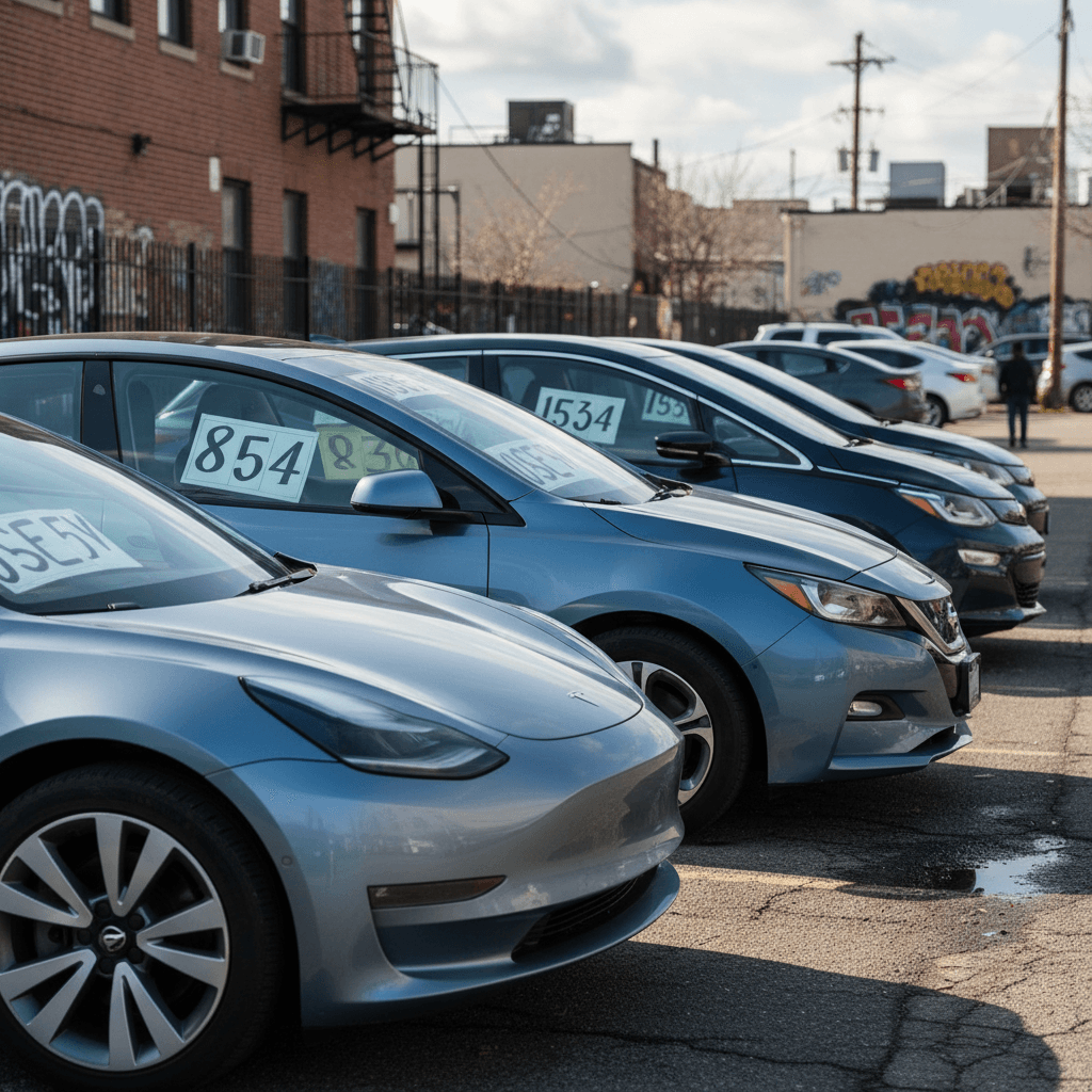Line of used electric vehicles parked at a Queens, NY lot with price stickers on the windshields