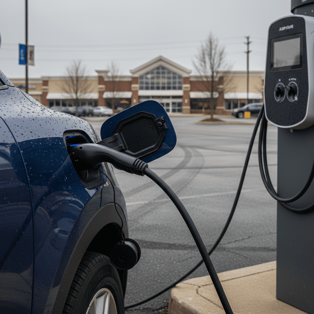 Electric car plugged into a Level 2 charging station at a shopping center parking lot in Chesapeake, Virginia