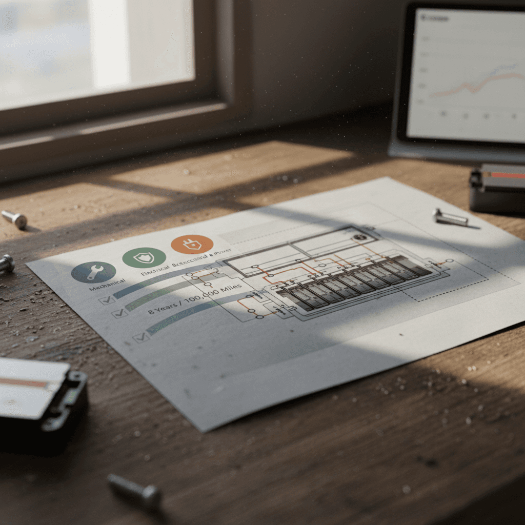 Diagram of an EV battery pack with highlighted modules and labeled warranty coverage zones