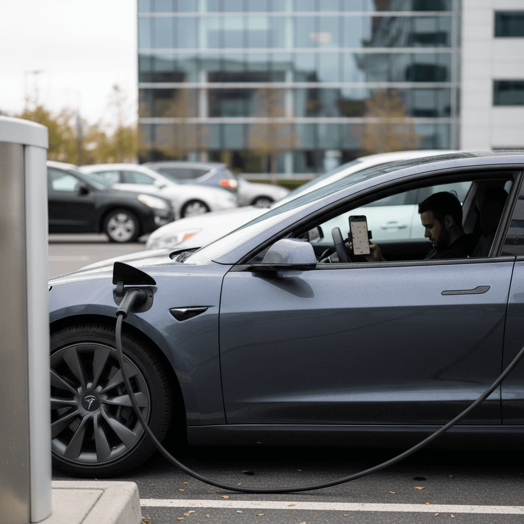 Tesla Model 3 at a public DC fast charger while a rideshare driver waits between trips