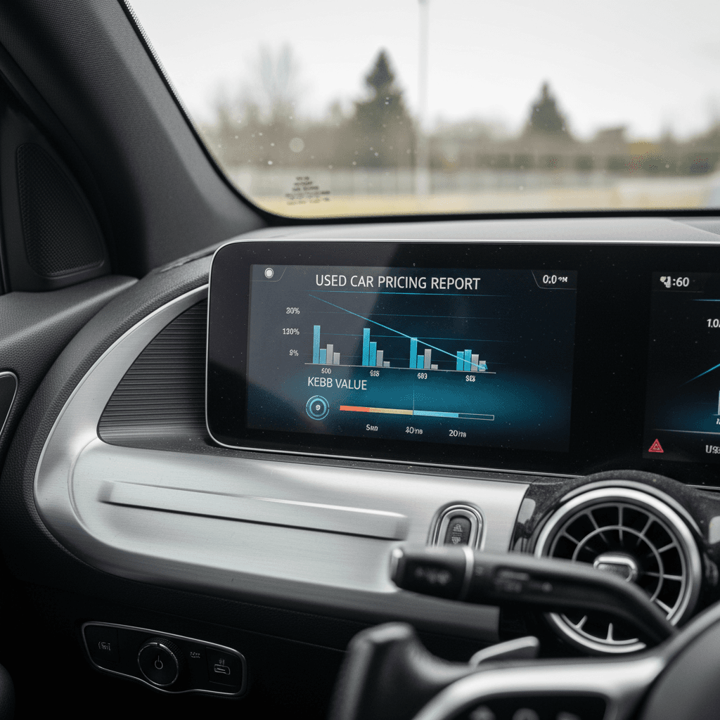 Close-up of used Mercedes EQB value report and depreciation graph on a tablet screen