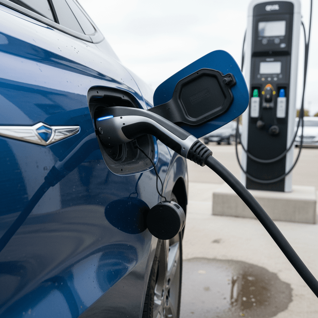 Cabin of a 2025 Genesis GV60 showing dual digital screens, crystal sphere shifter, and light-colored upholstery