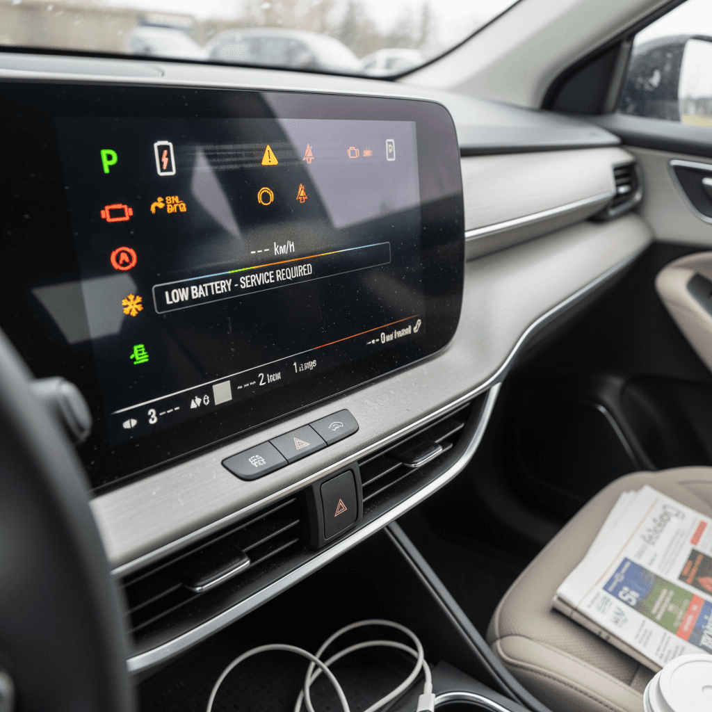Digital instrument cluster of an electric SUV showing multiple warning lights while undergoing diagnostics