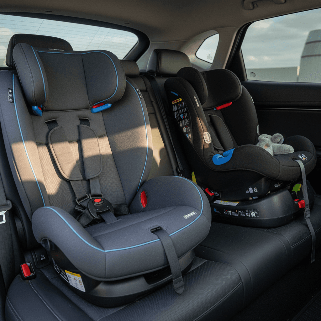 Kia EV6 rear seat with a high-back booster and a convertible car seat installed using LATCH anchors