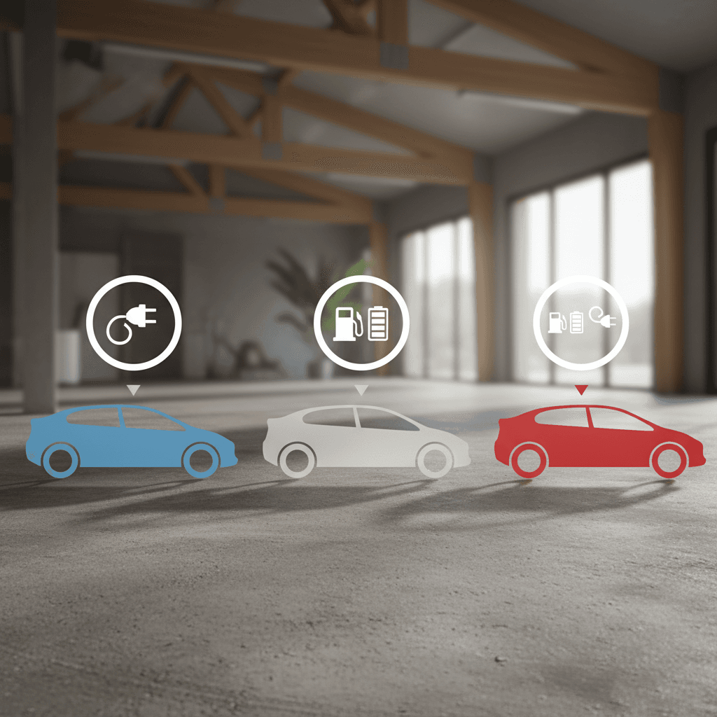 Side-by-side graphic showing an electric car, a hybrid, and a plug-in hybrid with icons for a plug, gas pump, and battery to illustrate how each is powered