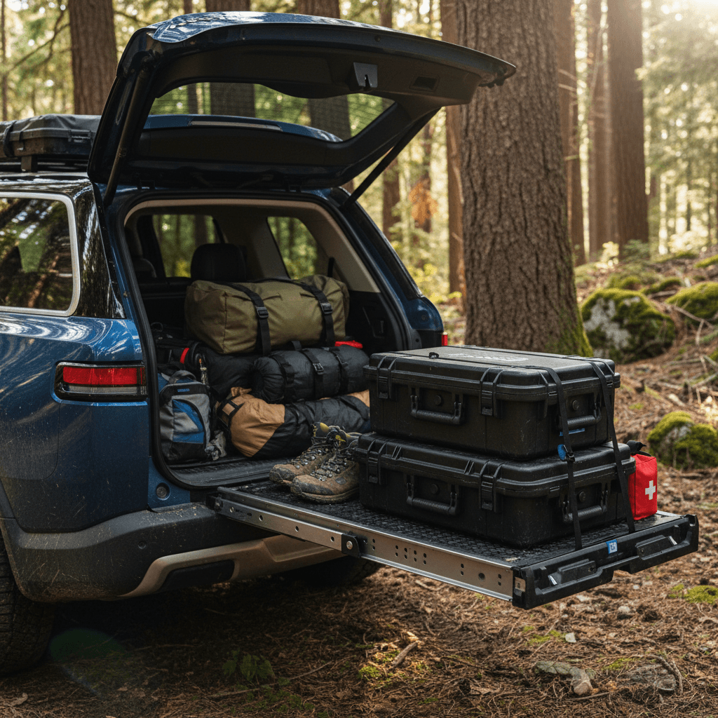 Rivian R1S rear cargo area with camping gear neatly organized on a sliding cargo tray