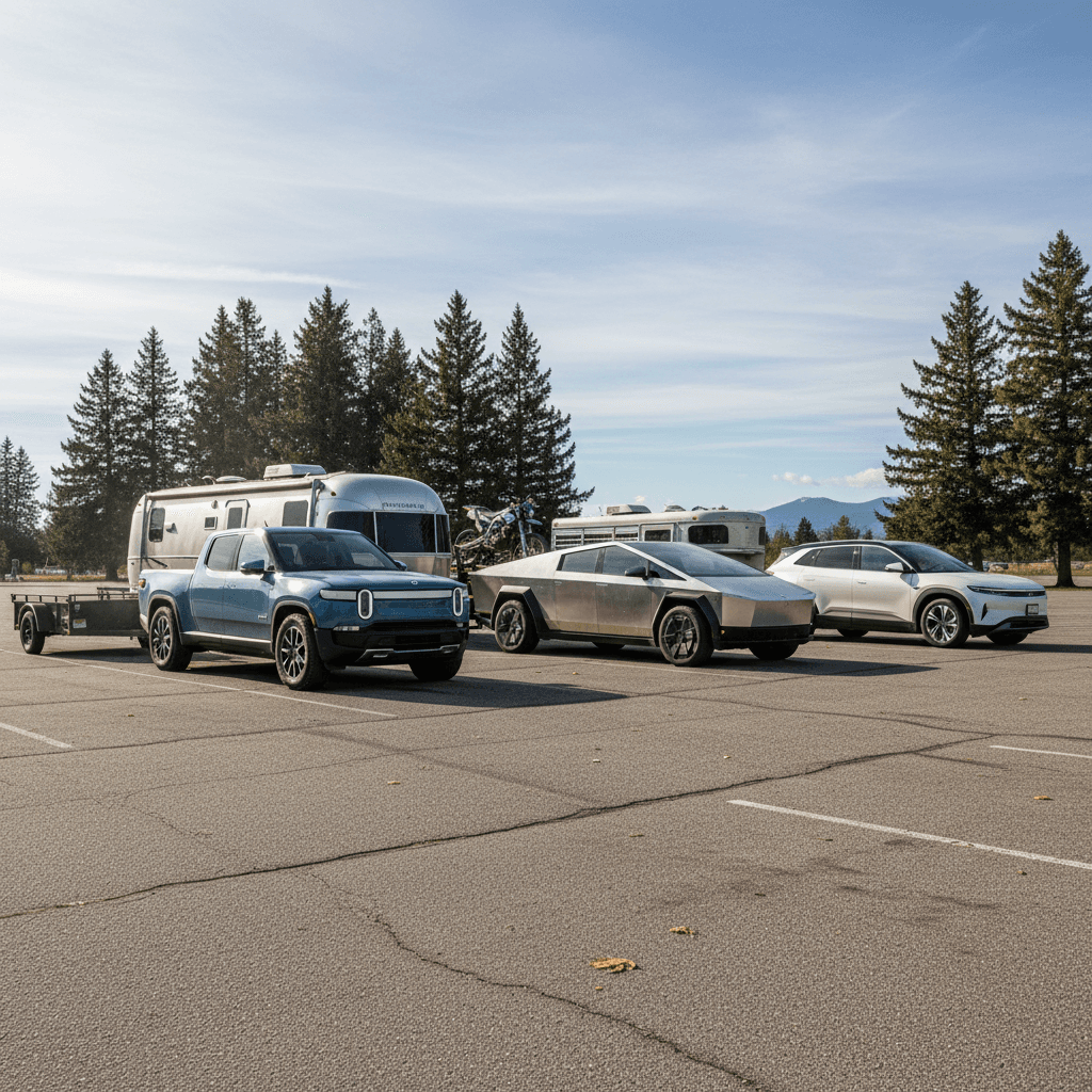 Lineup of electric trucks and SUVs parked with small travel trailers and boats attached, illustrating different EV towing options.