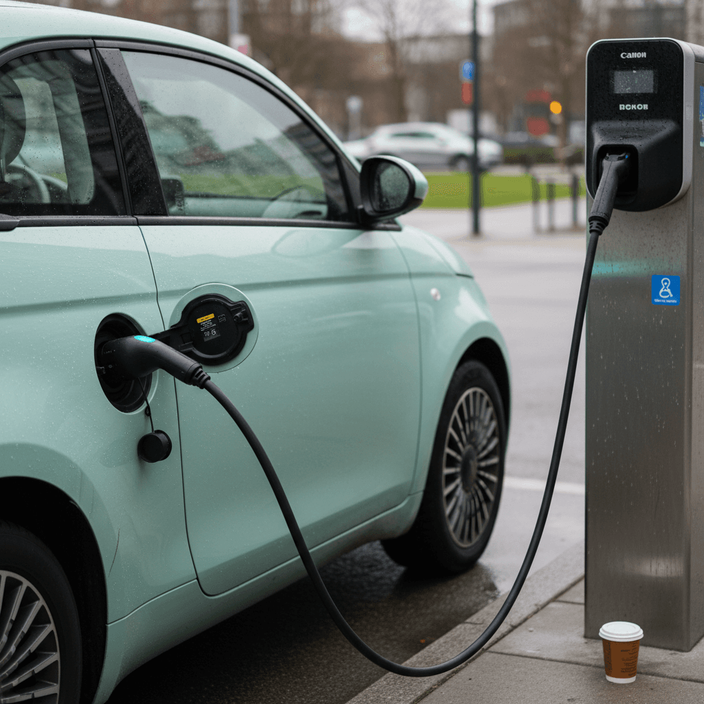 2024 Fiat 500e plugged into a public fast charger in an urban setting