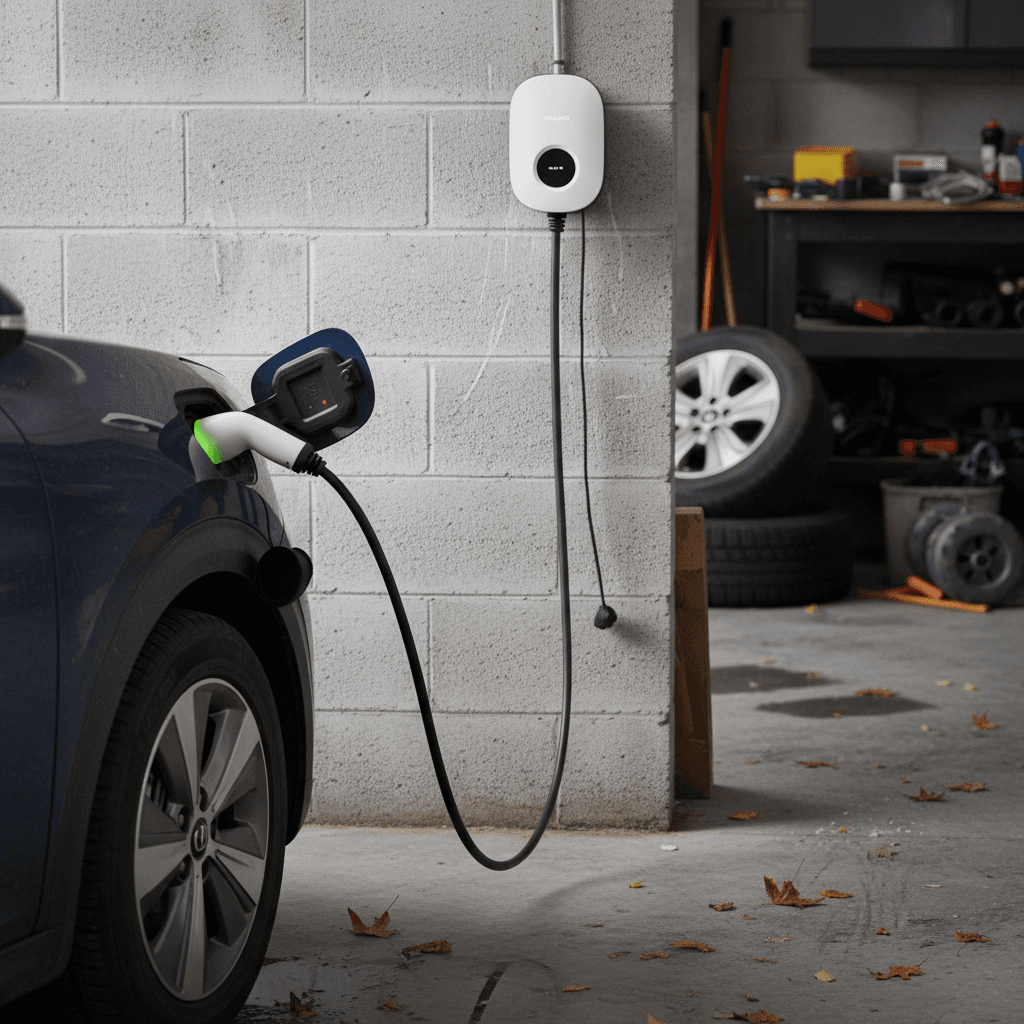 Front three-quarter view of a 2019 Kia Niro EV parked and plugged in, highlighting wheels and charging port