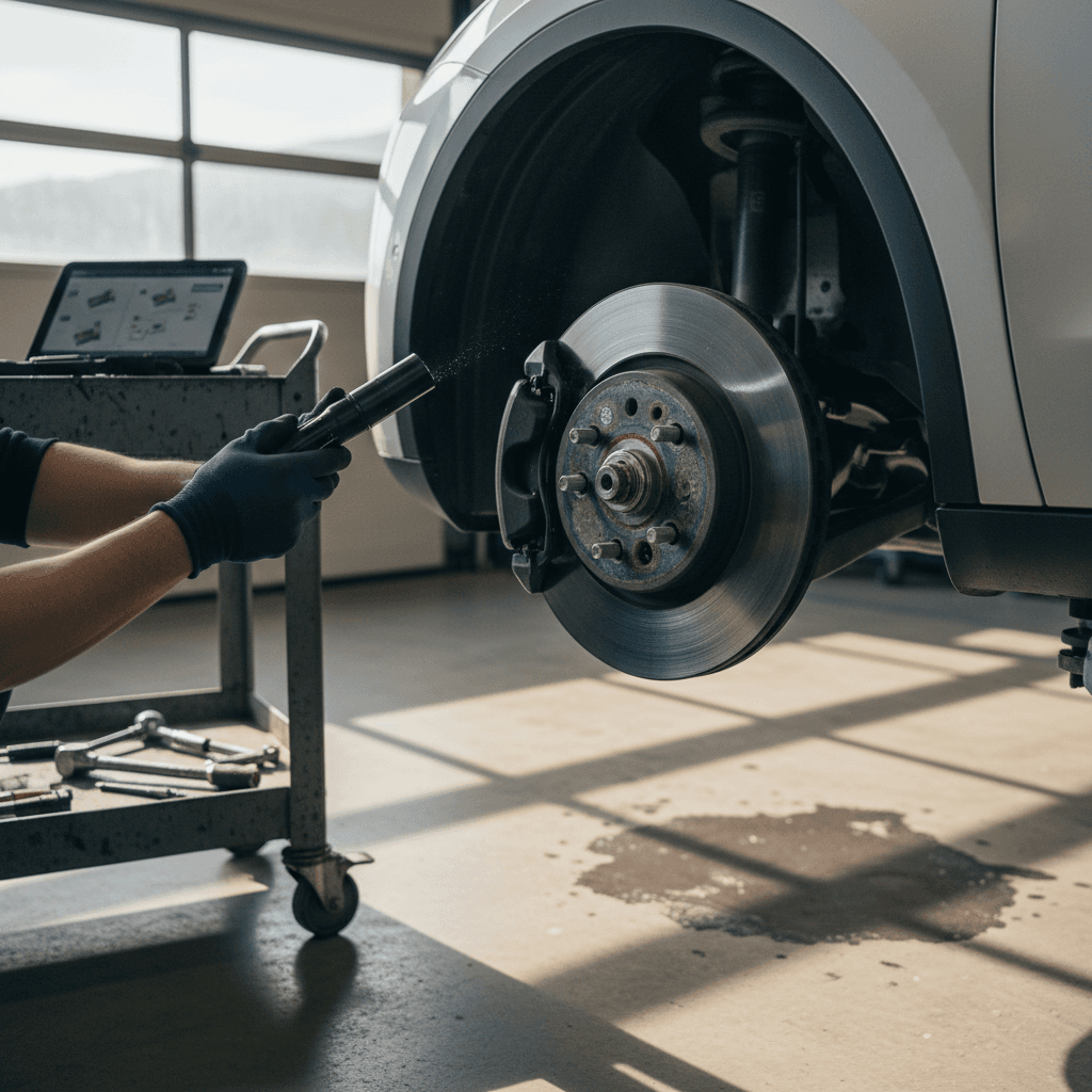 Technician rotating the wheels on an electric car in a workshop