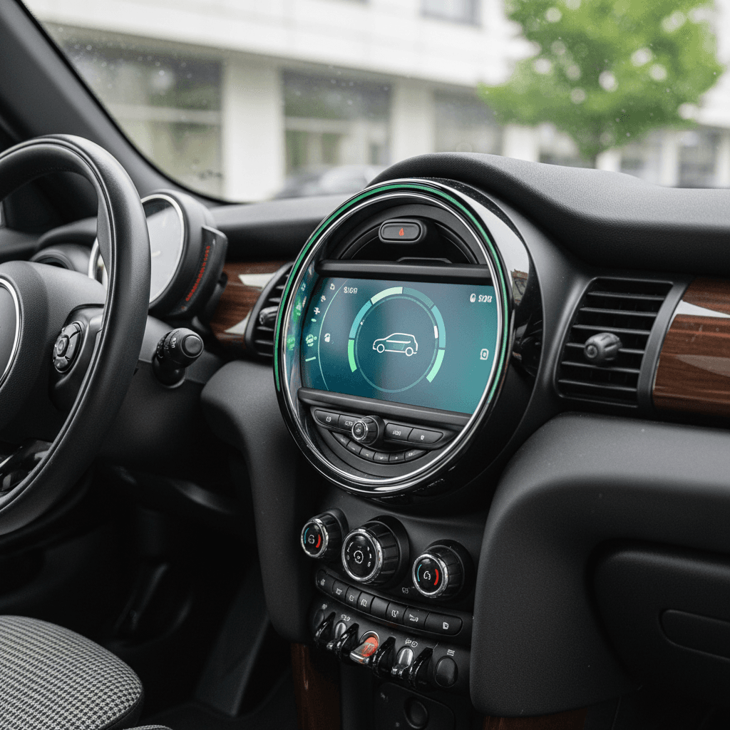 Interior of an electric MINI Cooper showing the circular central touchscreen and minimalist dashboard
