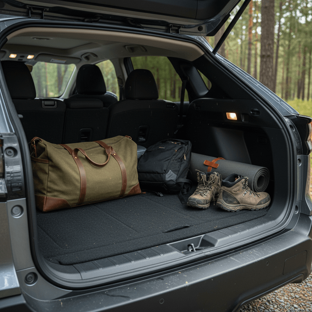 Subaru Solterra rear cargo area with the rear seats folded flat, showing a long, wide load floor ready for luggage or outdoor gear