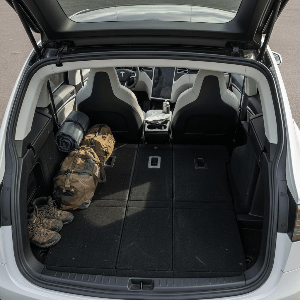 Tesla Model X interior shown from above with second and third rows folded flat to highlight maximum cargo area.