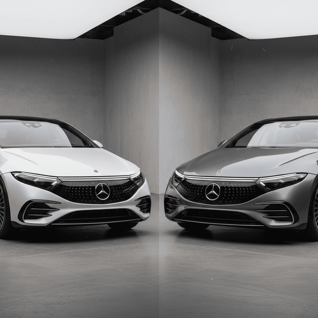 Mercedes EQS 450 and EQS 580 parked side by side highlighting similar exterior design and subtle trim differences