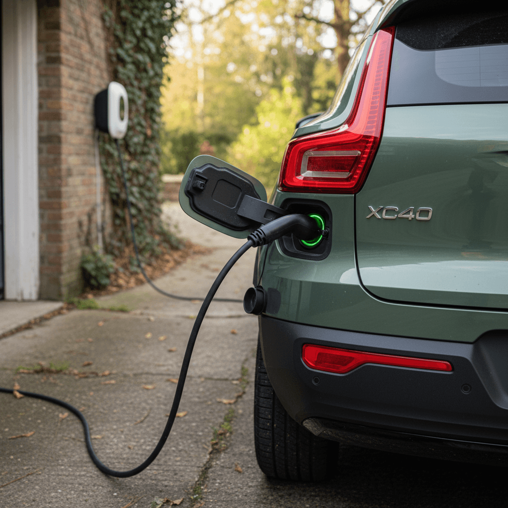 2024 Volvo XC40 Recharge charging on a Level 2 wallbox in a home garage
