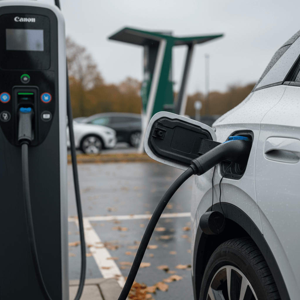Volkswagen ID.4 plugged into a public DC fast charger, showing the charging port on the rear quarter panel