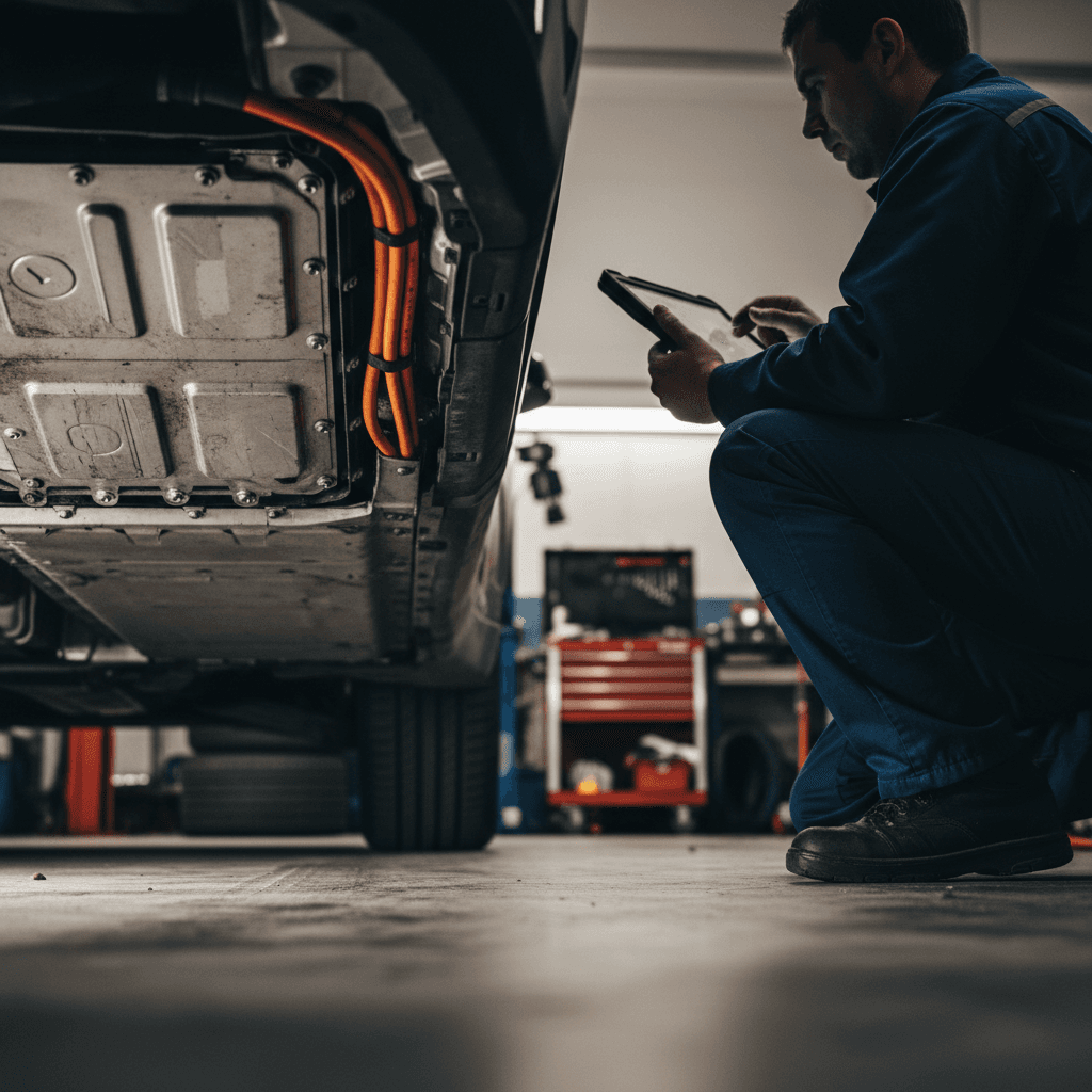 Technician inspecting an electric car battery pack from underneath the vehicle on a lift