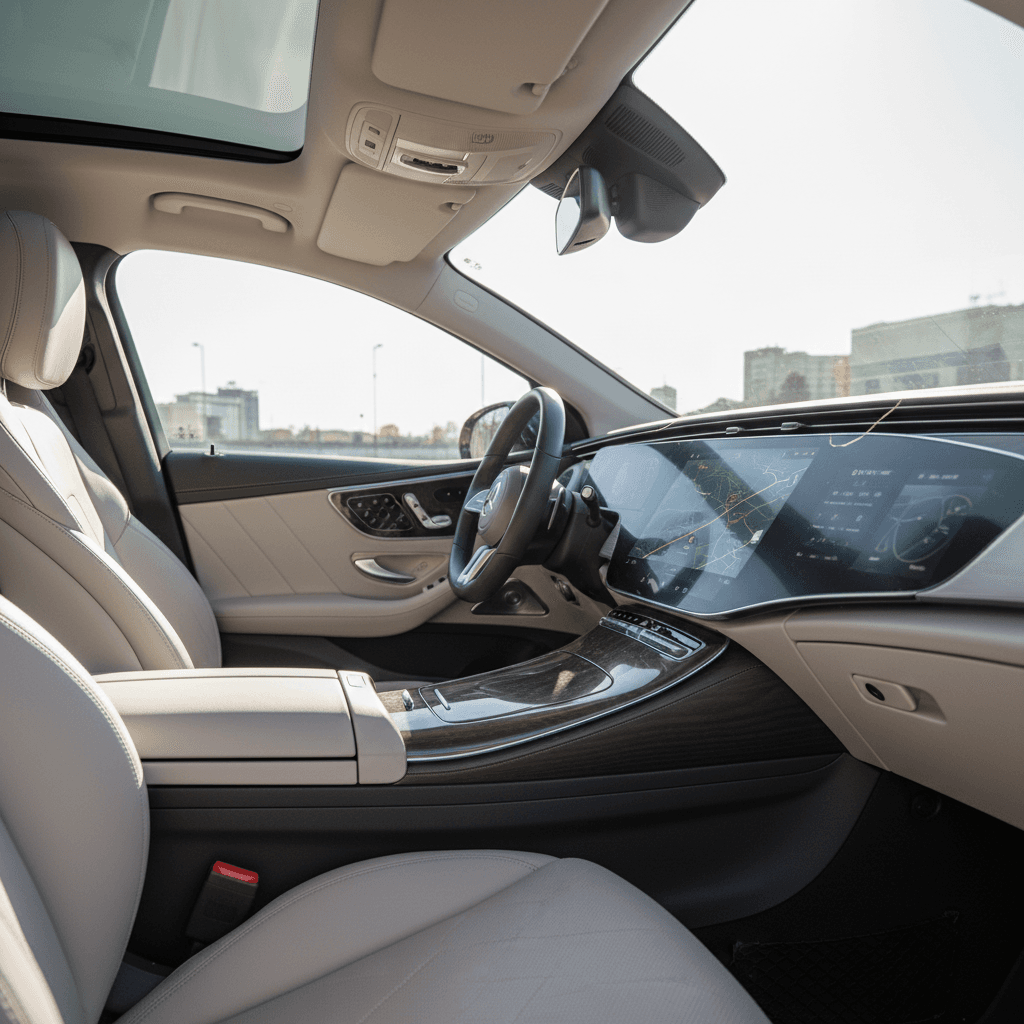 Driver-focused cockpit of the 2023 Mercedes EQE with steering wheel, center screen, and ambient lighting